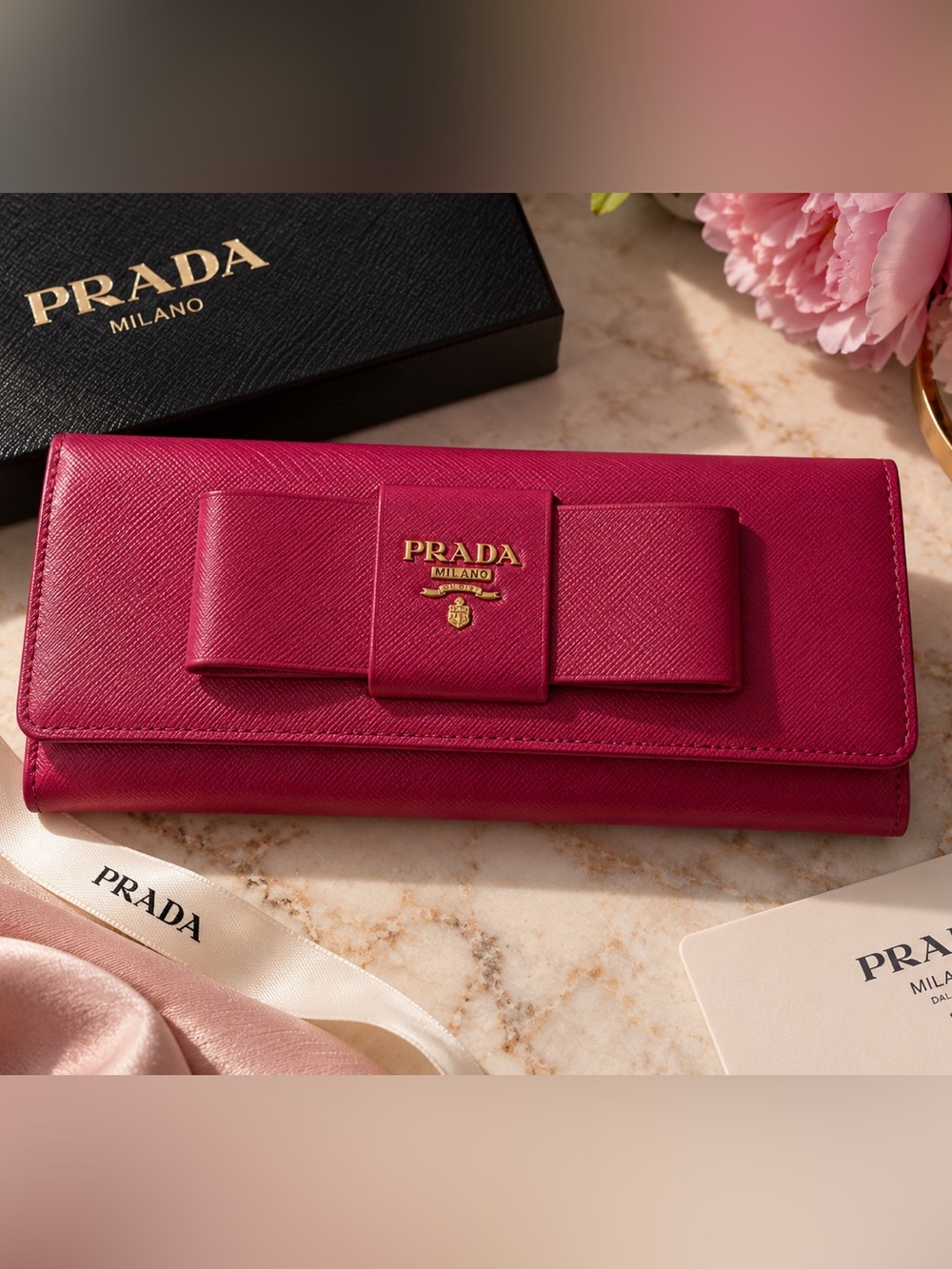 Prada Saffiano Leather Bow Continental Wallet Fuchsia/Gold